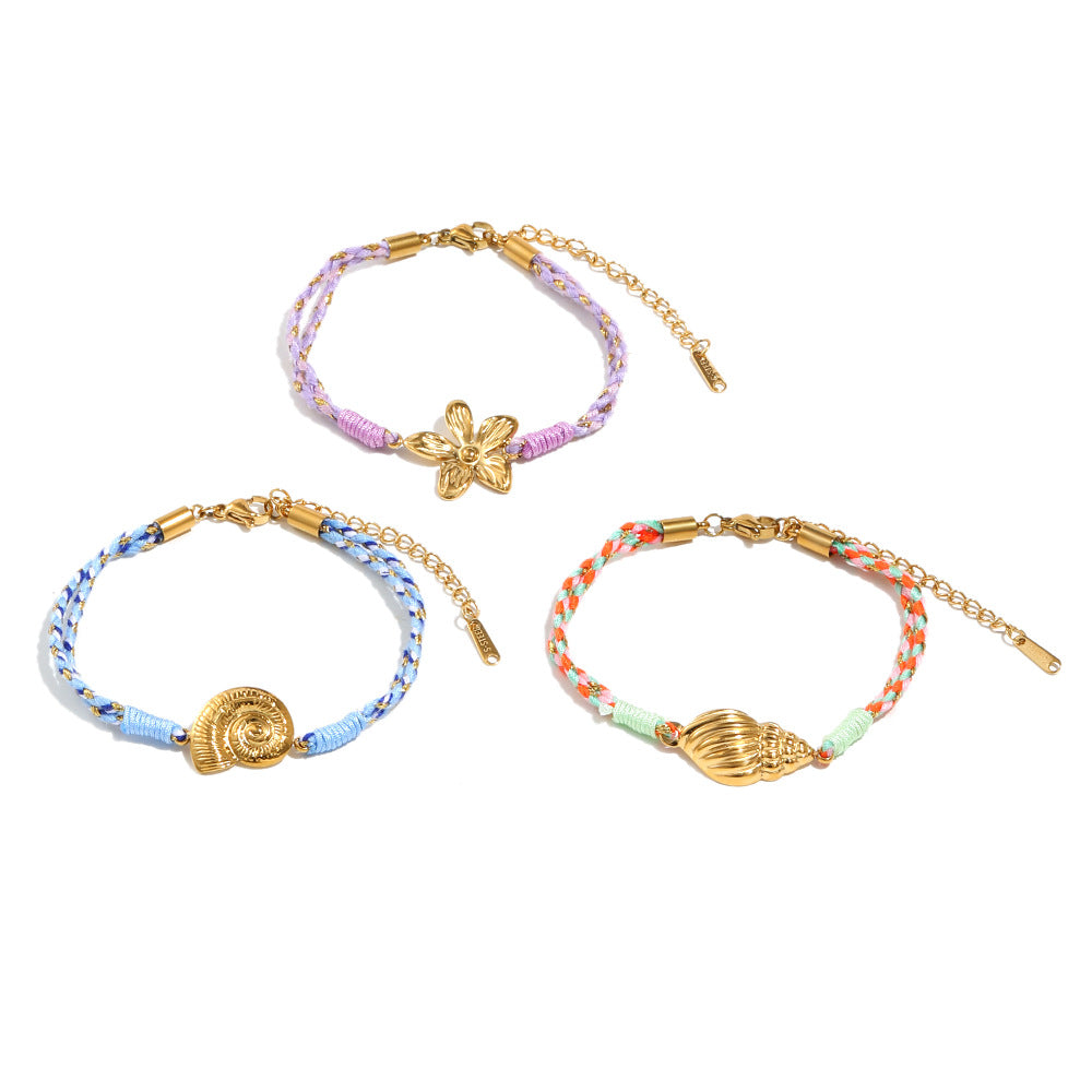 Minimalist Geometric Seashell and Floral Bracelet for Women with Stainless Steel 18K Gold Plated Accents and Cotton Cord