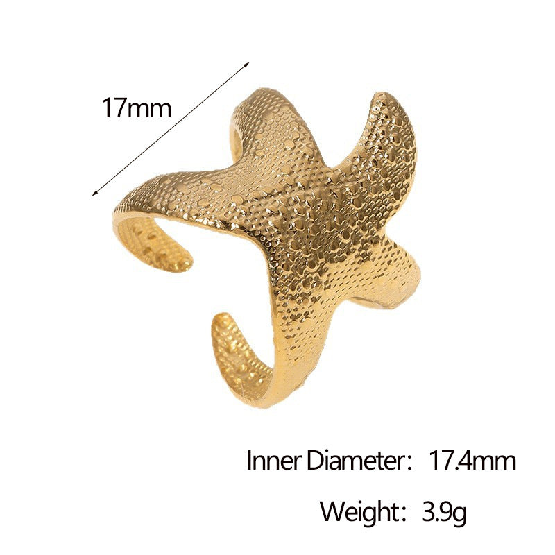 Minimalist 18K Gold Plated Stainless Steel Starfish Open Ring for Women