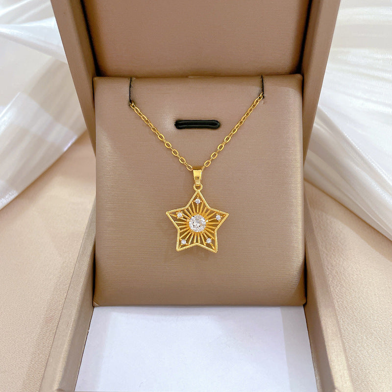 Collar de acero de titanio geométrico minimalista de lujo con incrustaciones de diamantes de imitación para mujer