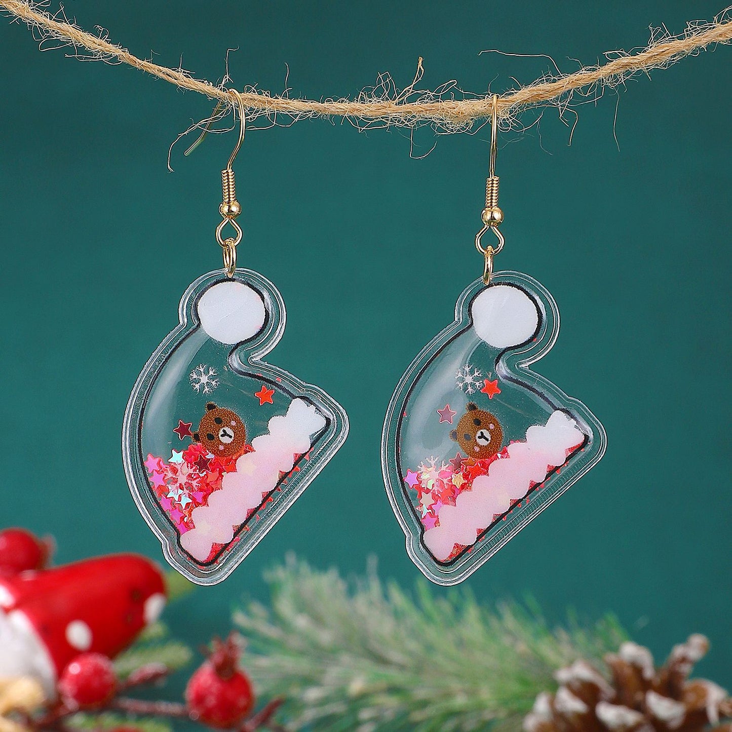 Dulces y Bonitos Pendientes Navideños para Mujer con Adornos de Papá Noel, Árbol de Navidad y Cascabeles, con Forma Geométrica y Acabado Galvanizado