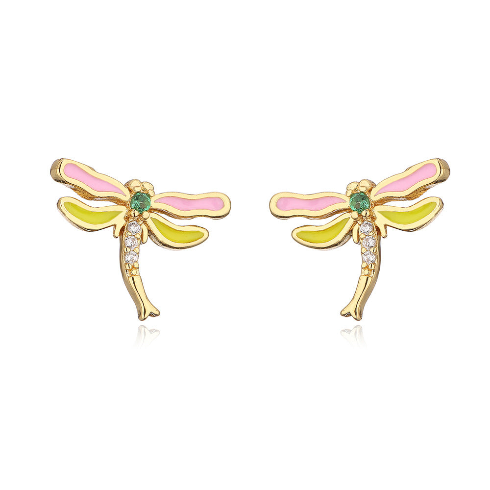 Minimalist Butterfly and Dragonfly Stud Earrings in Copper with 18K Gold Plating and Enamel Finish for Women