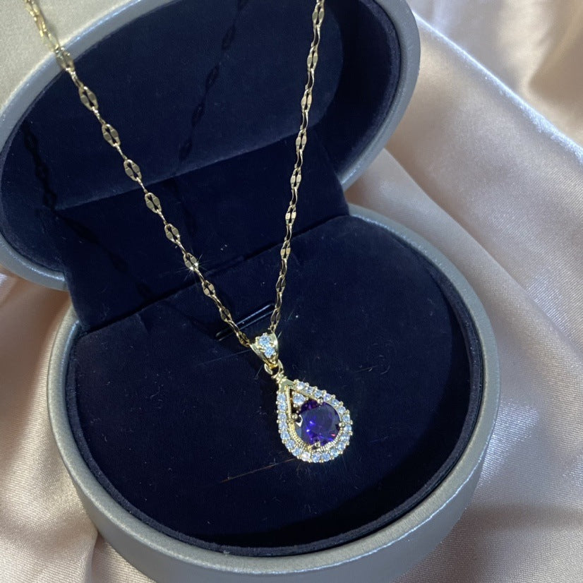 Collana da donna minimalista a forma di goccia in acciaio al titanio con ciondolo in rame e intarsio di strass