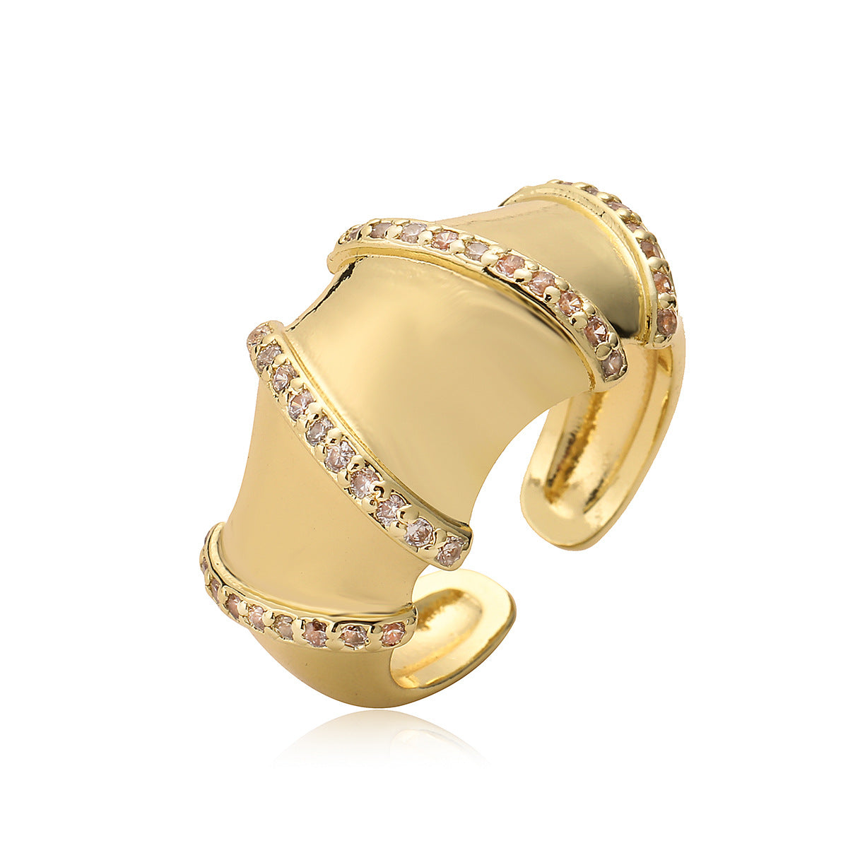 Anello Aperto Geometrico Minimalista da Donna in Rame con Placcatura in Oro 18K e Intarsio di Zirconi