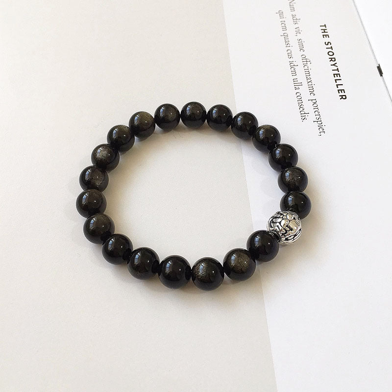 Natural Obsidian Beaded Stretch Bracelet with Pixiu Charm for Men and Women
