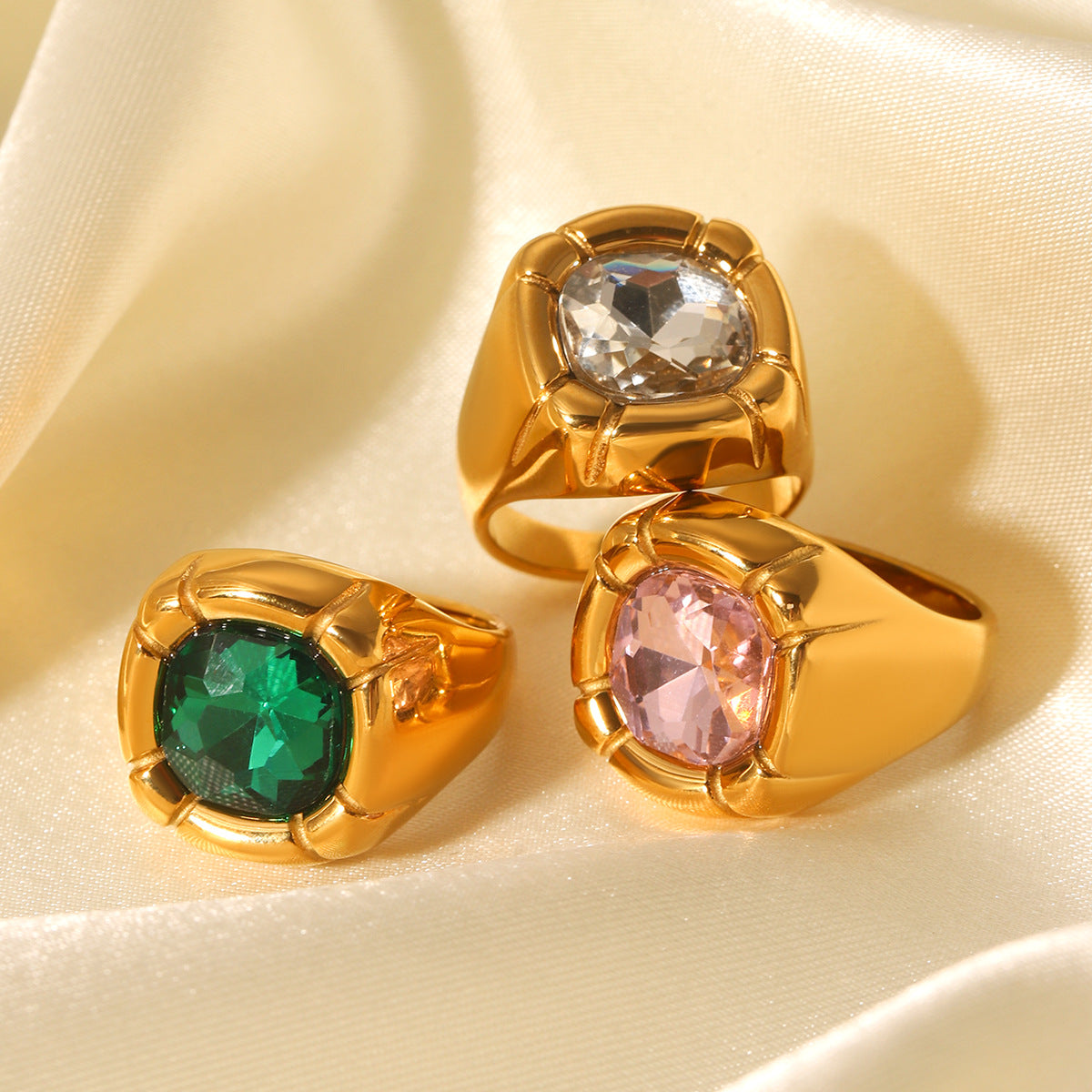 Ins Style Geometric 18K Gold Plated Stainless Steel Ring with Cubic Zirconia for Women