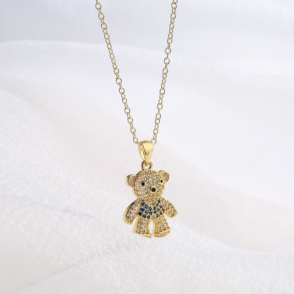 Graziosa Collana con Ciondolo Orsetto da Donna in Rame con Placcatura in Oro Vero e Zirconia Micro-Incastonata