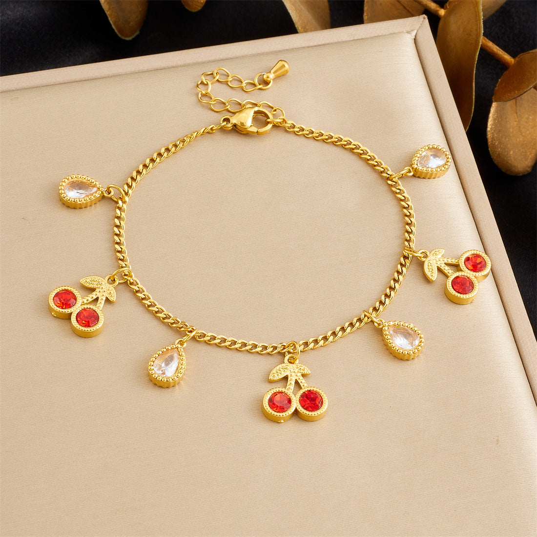 Minimalist Sweet Stainless Steel Drip Oil Plated Heart Floral Fruit Rhinestone Bracelet