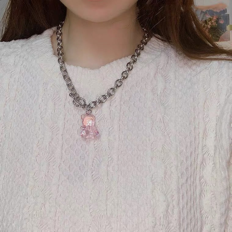 Originale Simpatico Orsetto Acciaio Inossidabile Placcato Collana Girocollo con Ciondolo Orsetto in Cristallo Trasparente Iridiscente