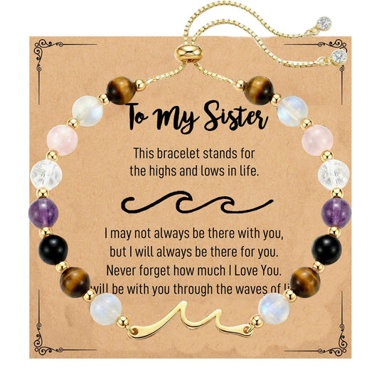 Minimalist Natural Stone Obsidian Tiger Eye Rose Quartz Beaded Bracelet with Wave Charm Bar Adjustable Unisex Jewelry