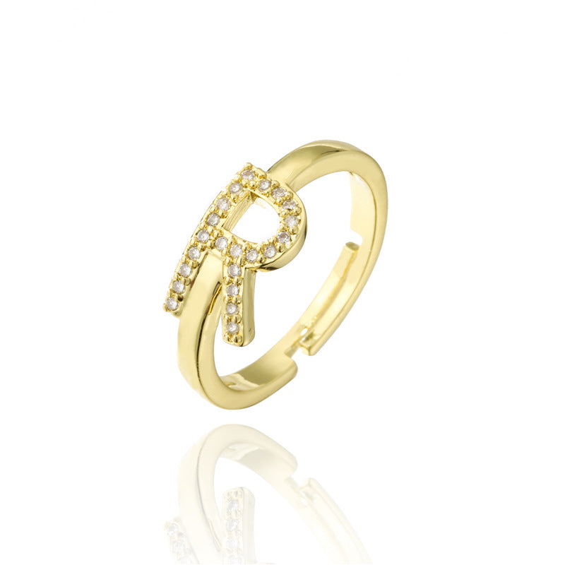 Fashion 18K Gold Plated Brass Micro-inlay Letter Ring Adjustable Open Band for Women