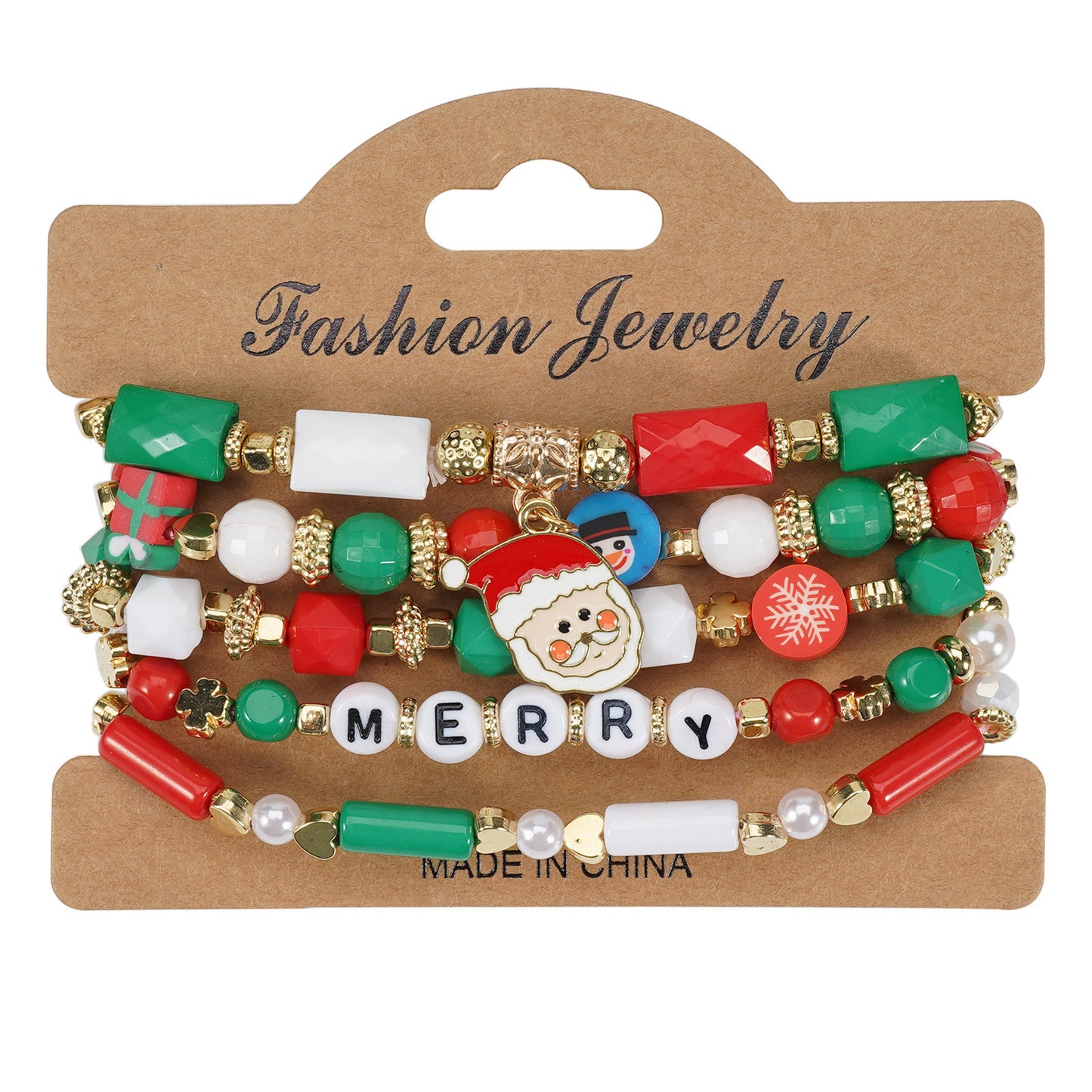 Unisex Natural Stone Beaded Bracelet with Snowman Christmas Tree Santa Reindeer Charms Floral Pattern Holiday Gift