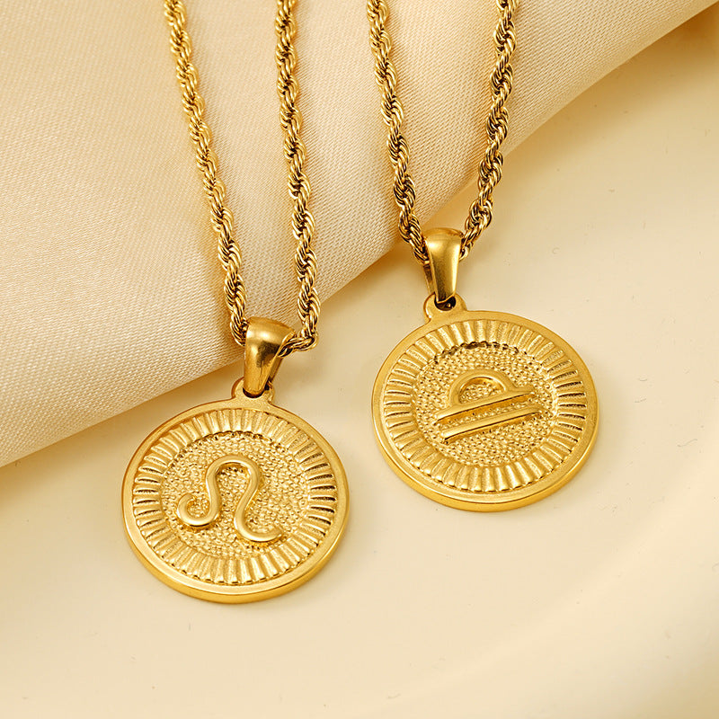 Vintage 18K Gold Plated Round Zodiac Pendant Titanium Steel Rope Chain Necklace Unisex