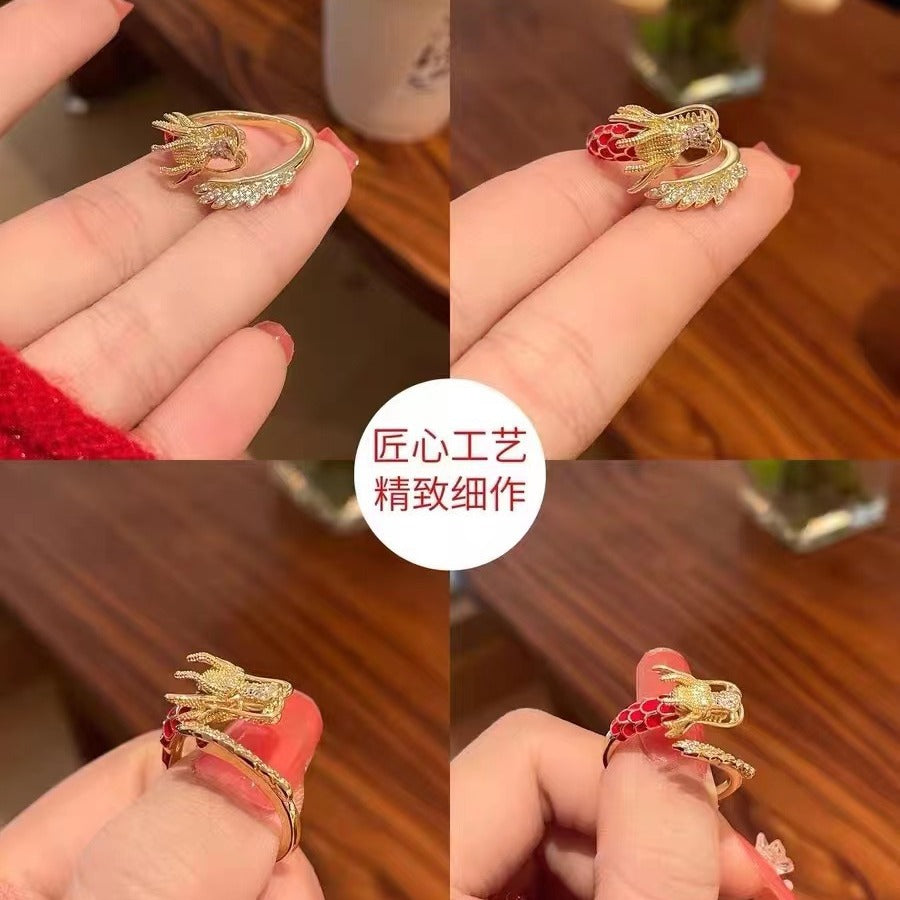 Original Design Dragon Shape Copper Ring with 18K Gold Plating for Women and Men, Red Oxidized Luxury Adjustable Band