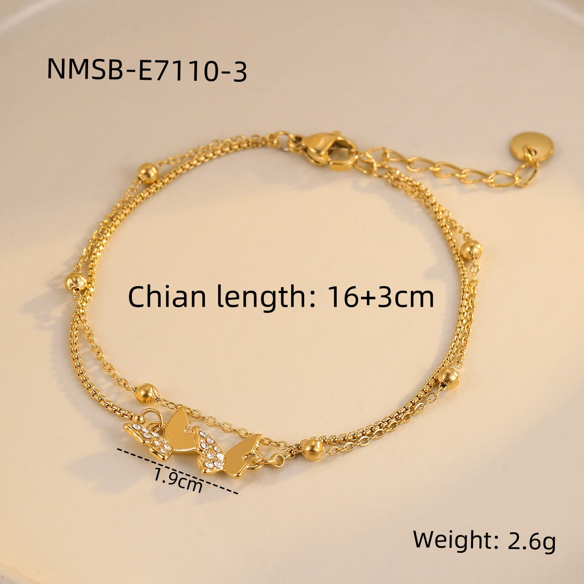 Fashionable Butterfly-Shaped Hand Chain for Women Made of Stainless Steel with Gold Plating and Zircon Inlay