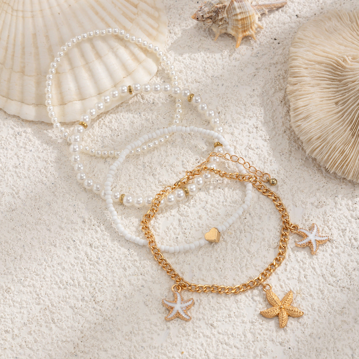 Tobillera Minimalista de Estrella de Mar para Mujer con Perla de Imitación y Abalorios en Cadena de Aleación Plateada