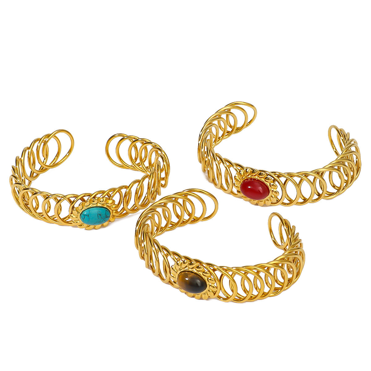 Bracciale a molla regolabile in acciaio inossidabile da donna, stile francese vintage, con intarsio in pietra naturale e finitura placcata