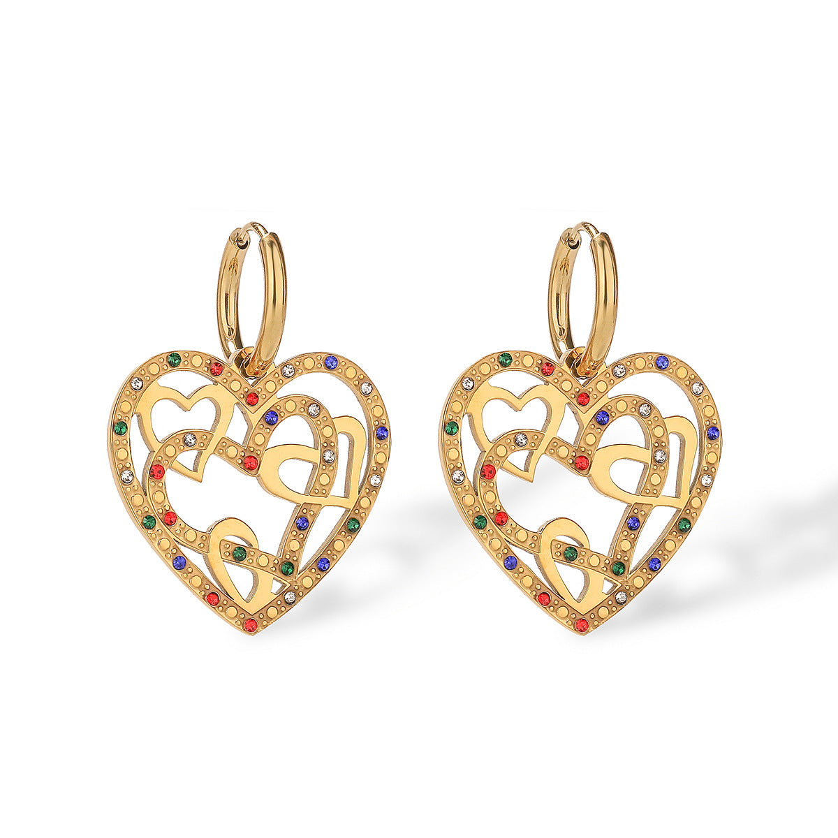 Orecchini a Cuore in Acciaio al Titanio Stile Vintage con Placcatura in Oro Autentico e Intarsio di Zirconi per Donna