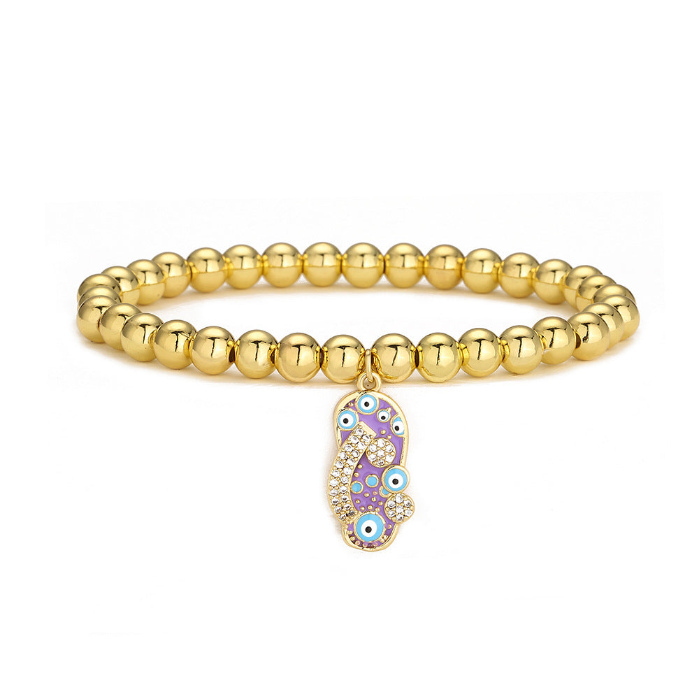 Minimalist Geometric Pendant Bracelet for Women with 18K Gold Plated Copper Beads and Enamel Zirconia Slipper Charm