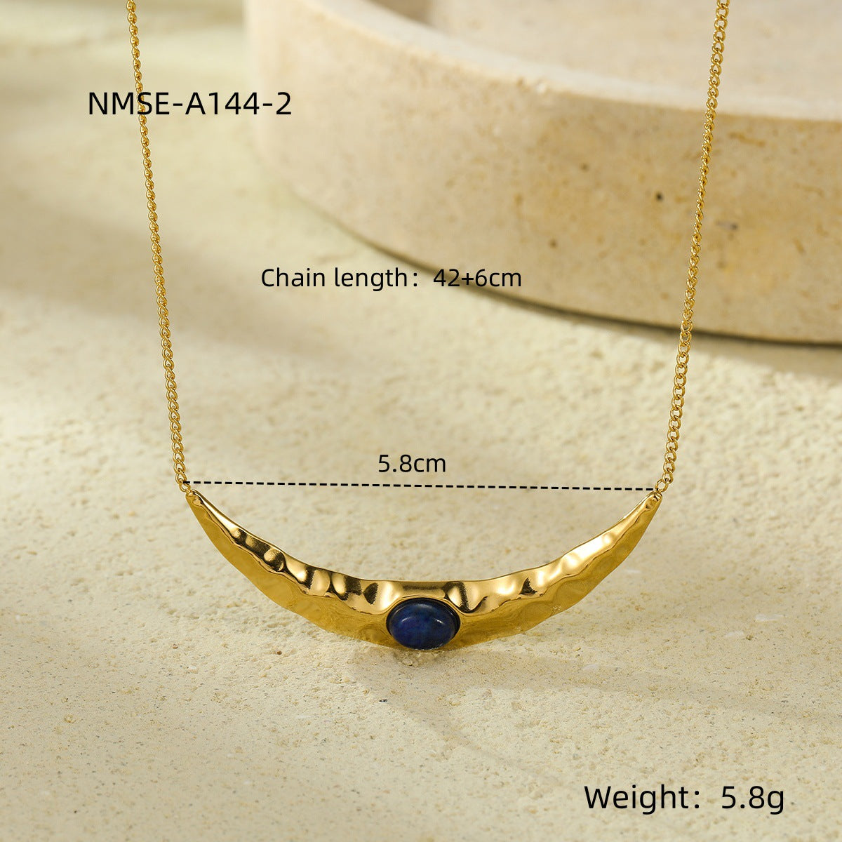 Vintage French Minimalist Stainless Steel Crescent Moon Pendant Necklace with Natural Stone Inlay, Hypoallergenic and Fade-Resistant Clavicle Chain