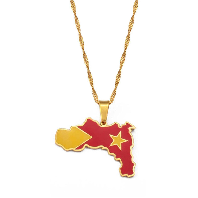 Minimalist Geometric Ethiopian Tigray Region Map Pendant Necklace for Women in Stainless Steel with Plated Titanium Steel and O-Chain