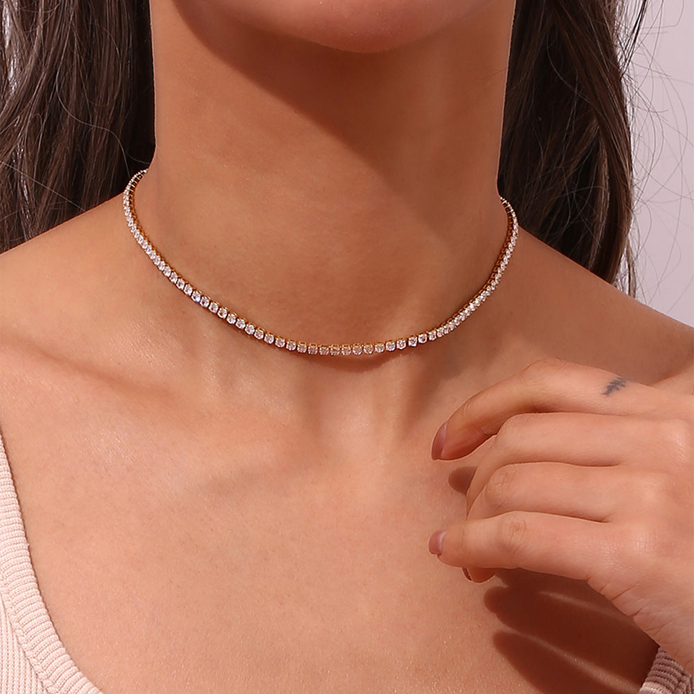 Minimalist Geometric Copper Necklace with 18K Gold Plating and Micro-Paved Zirconia for Women