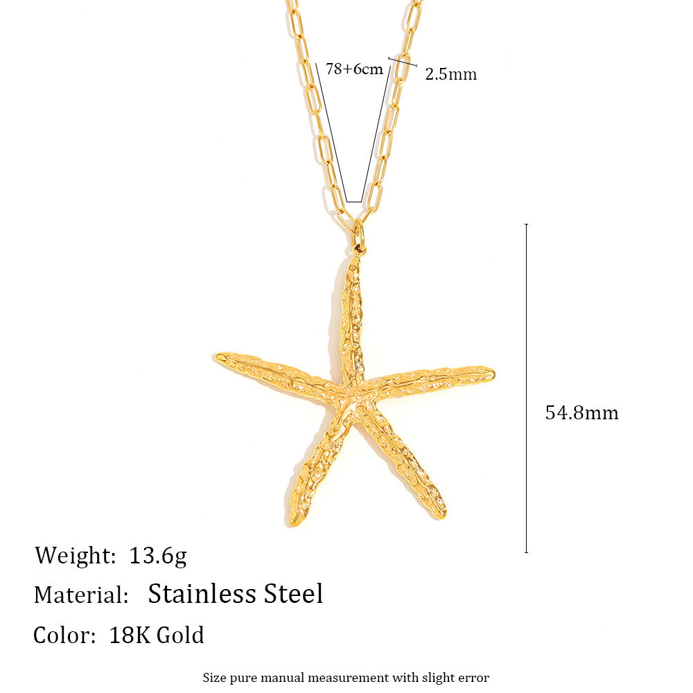 Fashionable Starfish-Shaped Stainless Steel Necklace and Earrings Set with 18K Gold Plating and Hammered Texture for Women