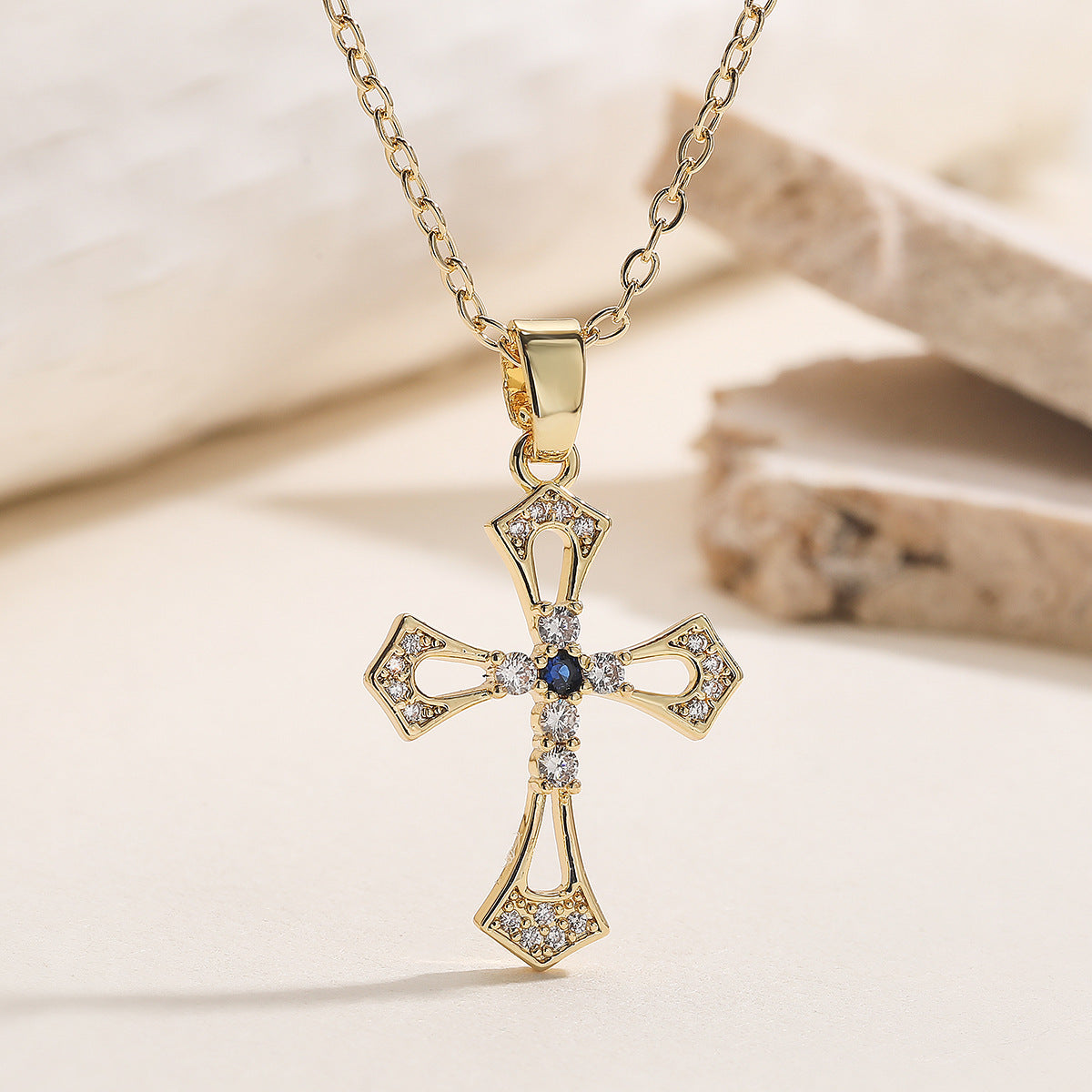 Minimalist 18K Gold Plated Brass Cubic Zirconia Cross Pendant Necklace for Women