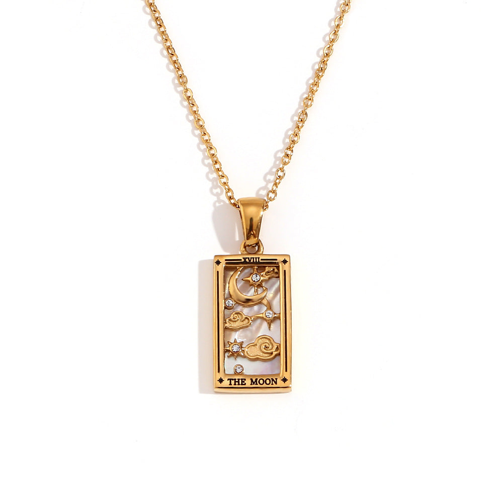 Vintage Tarot Card Pendant Necklace for Women Stainless Steel with 18K Gold Plating Geometric Four-Sided Design Fashion Office Style