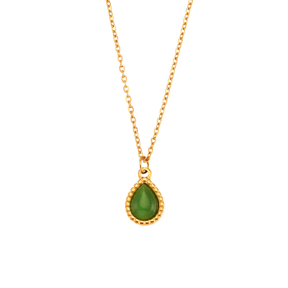 Collana con Pendente a Goccia in Pietra Occhio di Gatto, Stile Minimalista, in Acciaio Inossidabile Placcato Oro, da Donna