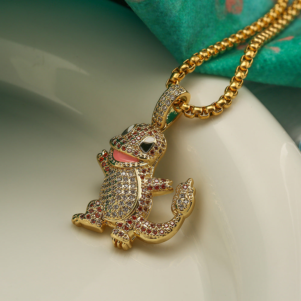 Geometric Dinosaur and Scorpion Pendant Necklace for Women in Copper with Gold Plating and Zircon Inlay