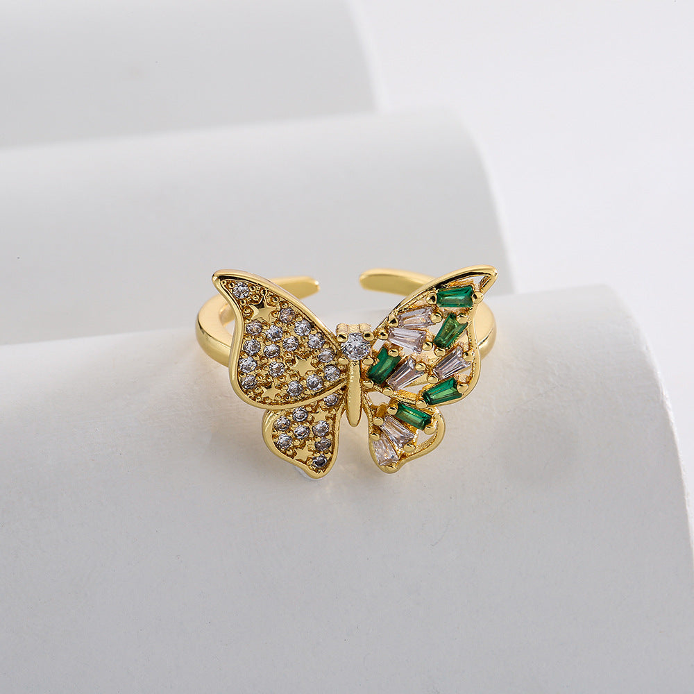 Anello aperto geometrico minimalista a forma di farfalla in rame placcato oro 18 carati e zirconi micro-pavé da donna