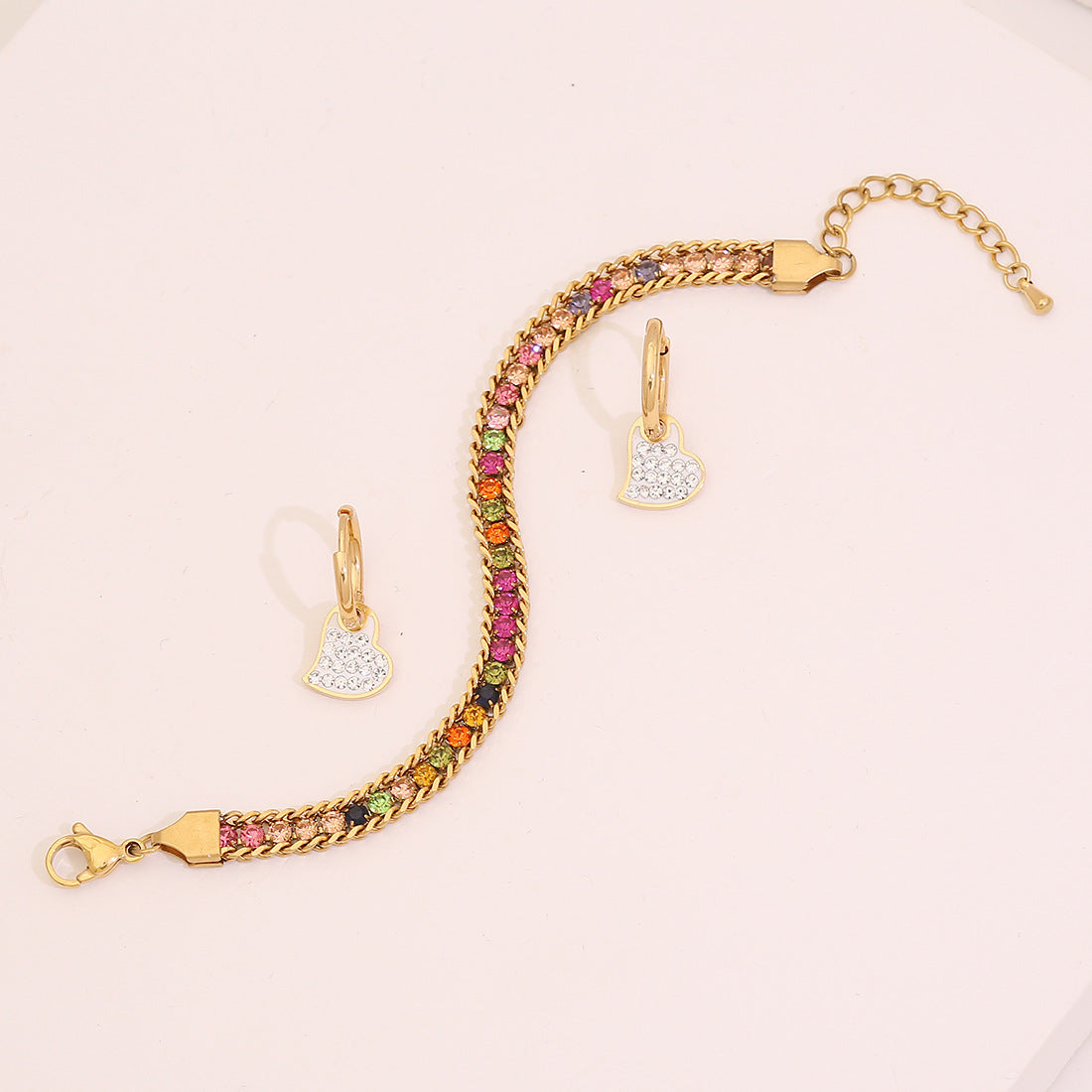 Fashionable OL Style Heart-Shaped Rhinestone-Embellished Stainless Steel Bracelet Set with Plating Finish