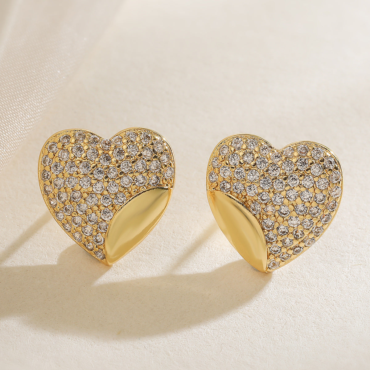 Minimalist Luxury 18K Gold Plated Brass Heart Stud Earrings with Cubic Zirconia