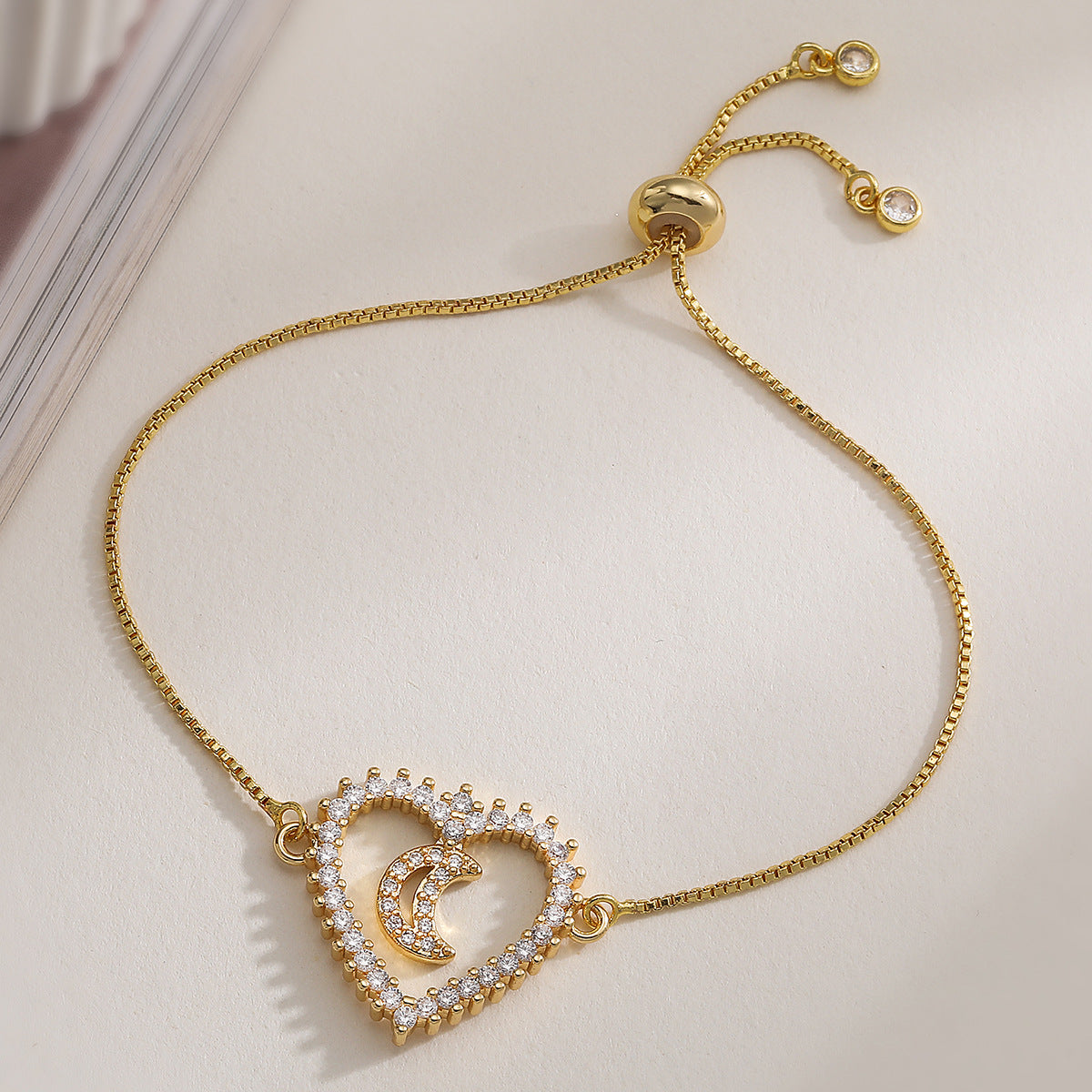 Minimalist Luxury 18K Gold Plated Brass Heart Star Moon Geometric Bracelet with Cubic Zirconia for Women