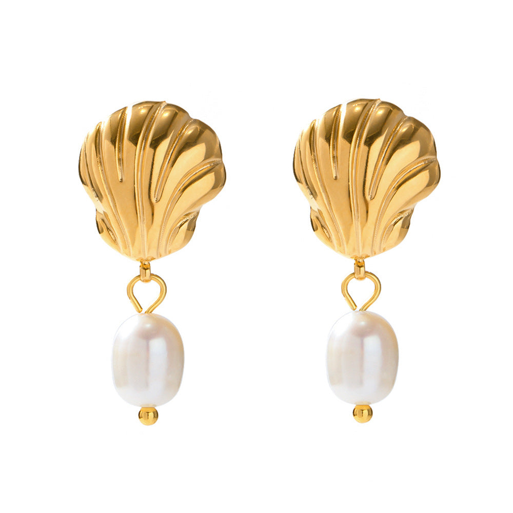 Pendientes geométricos de acero inoxidable con baño de oro y colgante de perla de agua dulce para mujer