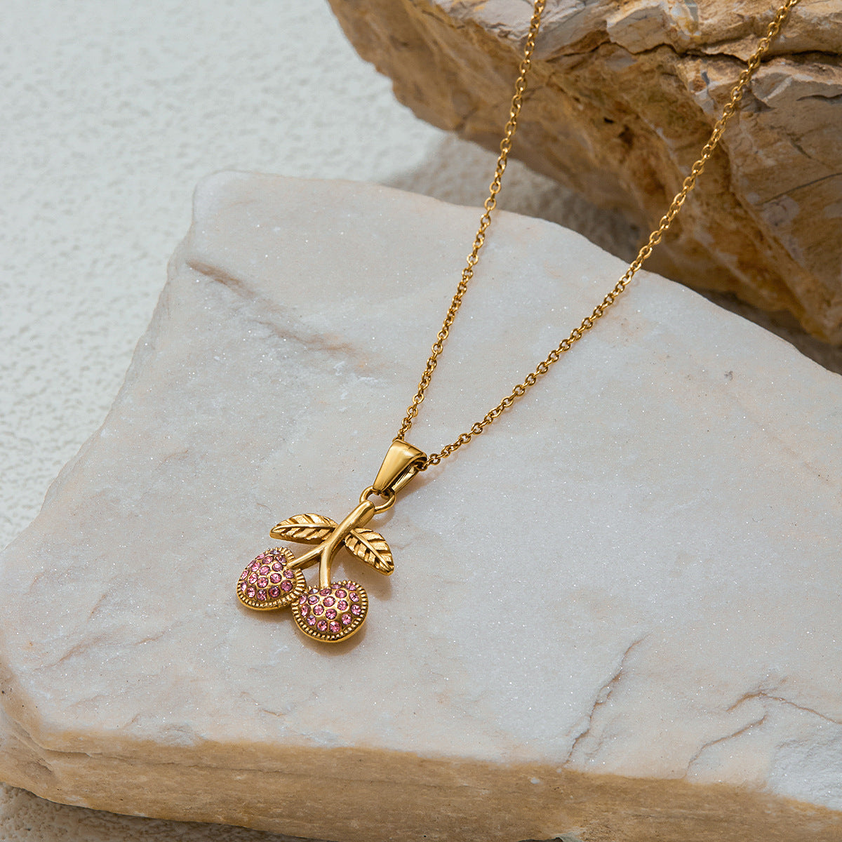 Elegant Stainless Steel Geometric Cherry Cubic Zirconia Pendant Necklace for Women