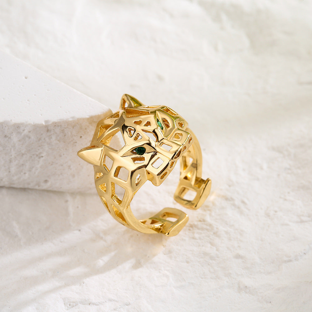 Anello da donna in rame a forma di animale geometrico, minimalista, placcato in oro 18 carati con zirconi micro-pavé