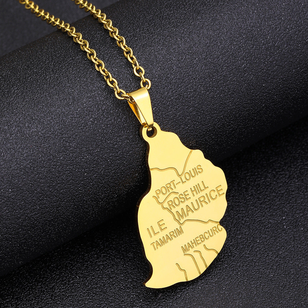 Collar con colgante de mapa geométrico de Mauricio en acero inoxidable chapado en oro con cadena tipo O para moda unisex