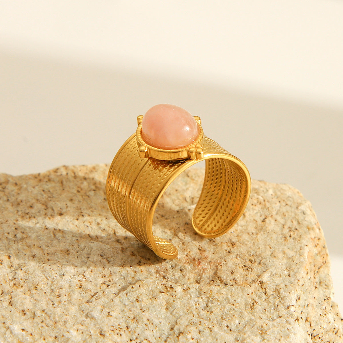Vintage Geometric Stainless Steel Open Ring for Women with Electroplated Finish and Natural Stone Inlay