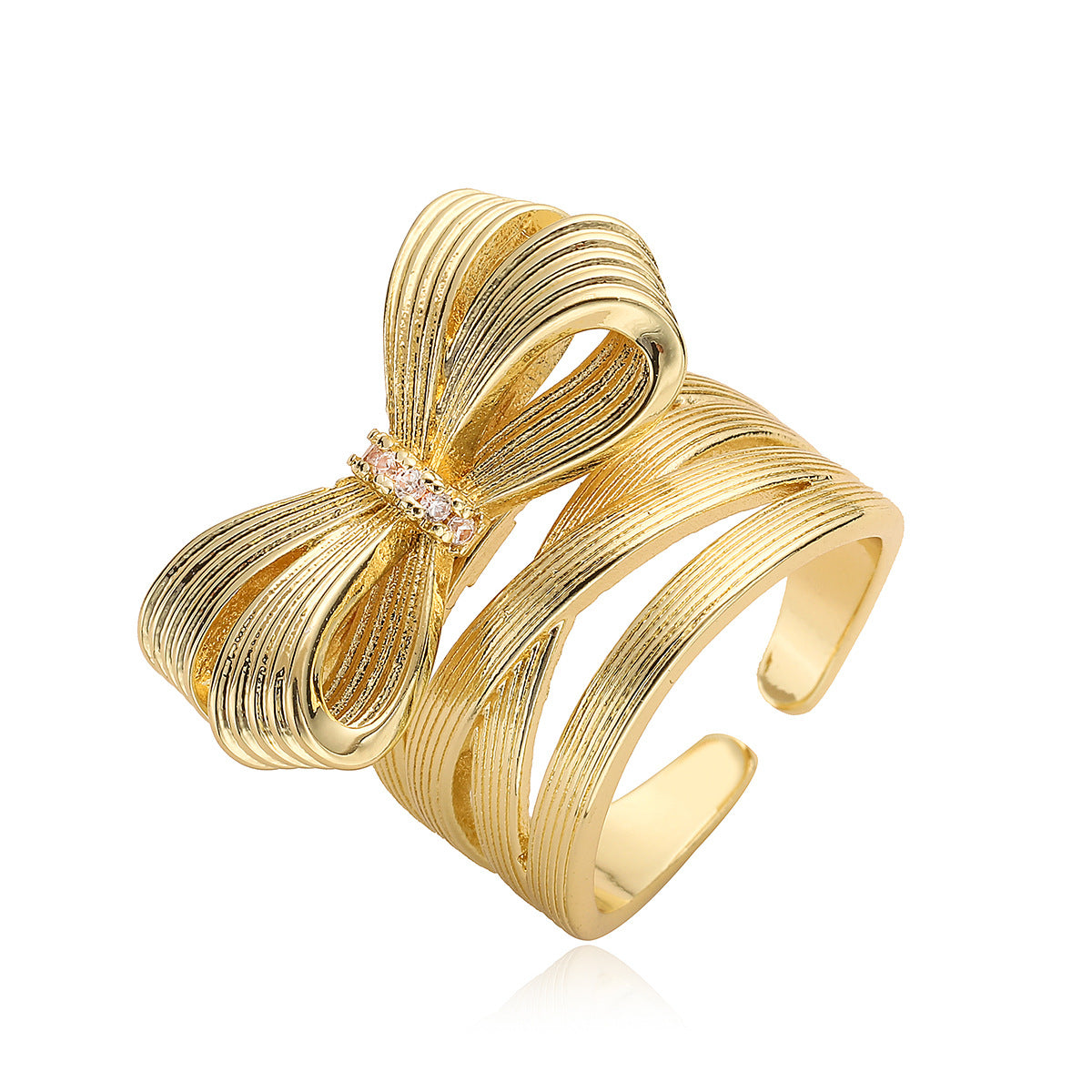 Fashionable Bowknot-Shaped Ring for Women with Brushed Copper Base and 18K Gold Plating, Geometric Design, Adjustable Band