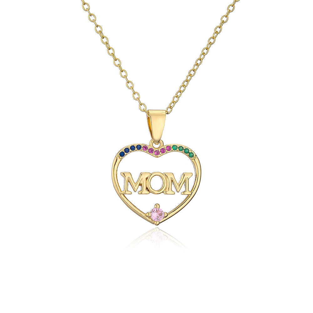 Geometric MOM Pendant Necklace in Copper with 18K Gold Plating and Zircon Accents for Mother's Day