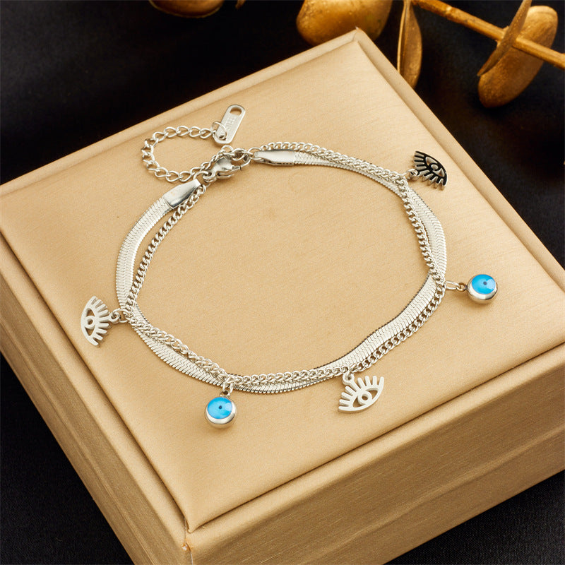 Vintage Elegant Round Star Stainless Steel Plated Rhinestone Bracelet with Lightning and Blue Eye Charms