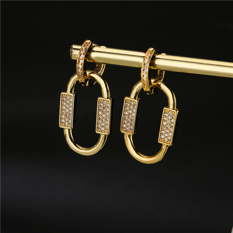 18K Gold Plated Geometric Brass Earrings with Cubic Zirconia for Women
