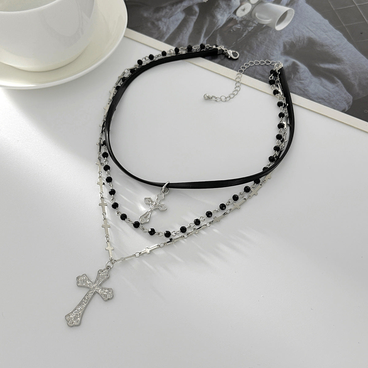 Sweet Punk Geometric Cross Pendant Plated Zinc Alloy Necklace with Tassel for Women