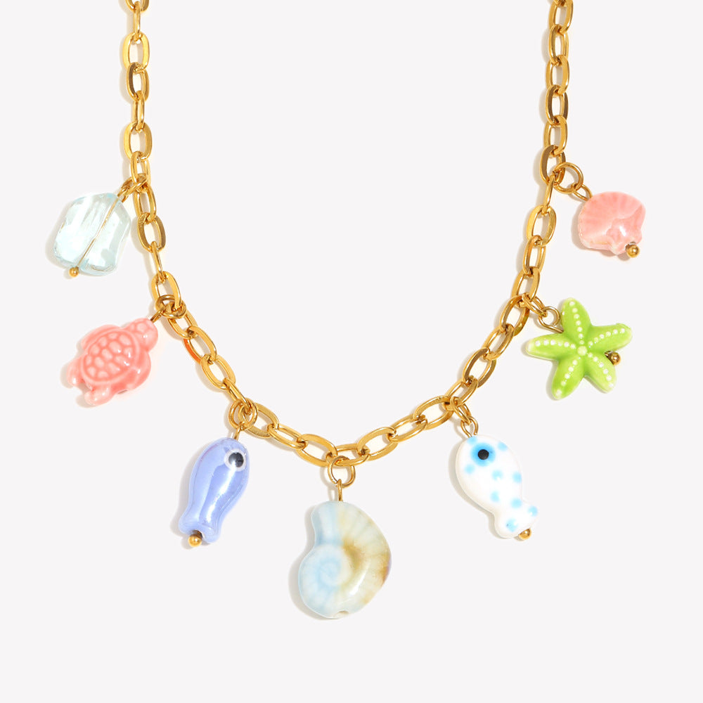 18K Gold Plated Stainless Steel Ceramic Geometric Fish Charm Bar Necklace for Women