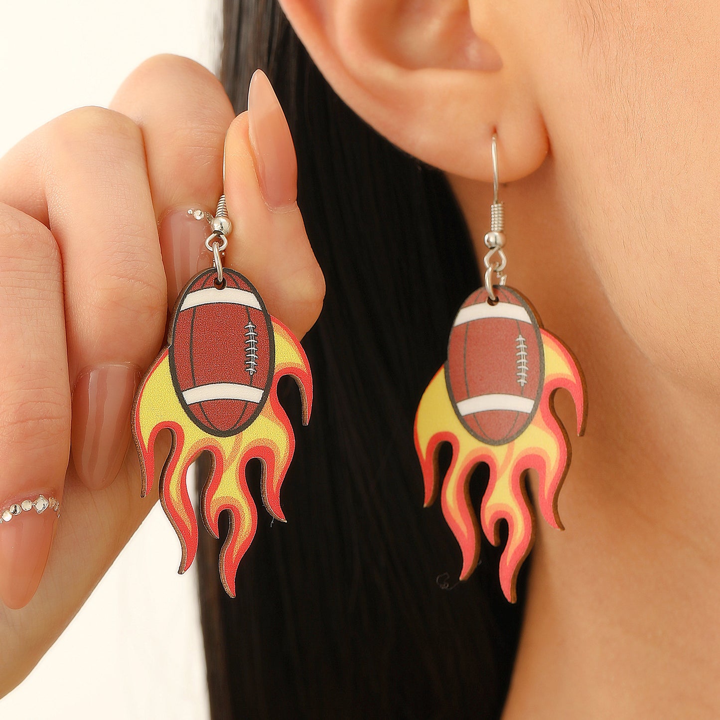 Vintage Acrylic Heart Stud Earrings with Sports Ball Print for Women