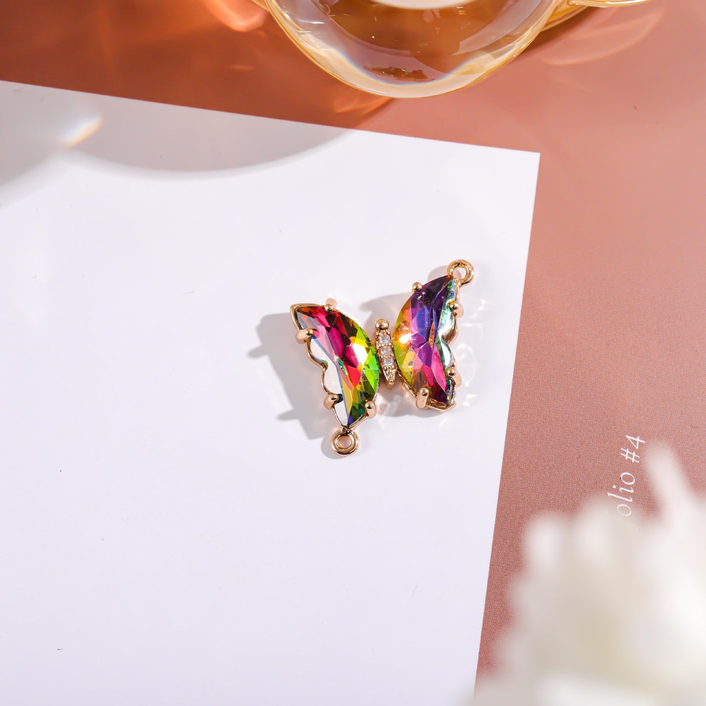 Sweet Gradient Glitter Crystal Butterfly Double Pendant Brass Plated Charm Bar