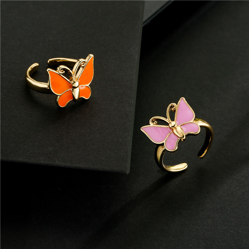 18K Gold Plated Brass Drip Oil Butterfly Open Ring for Women
