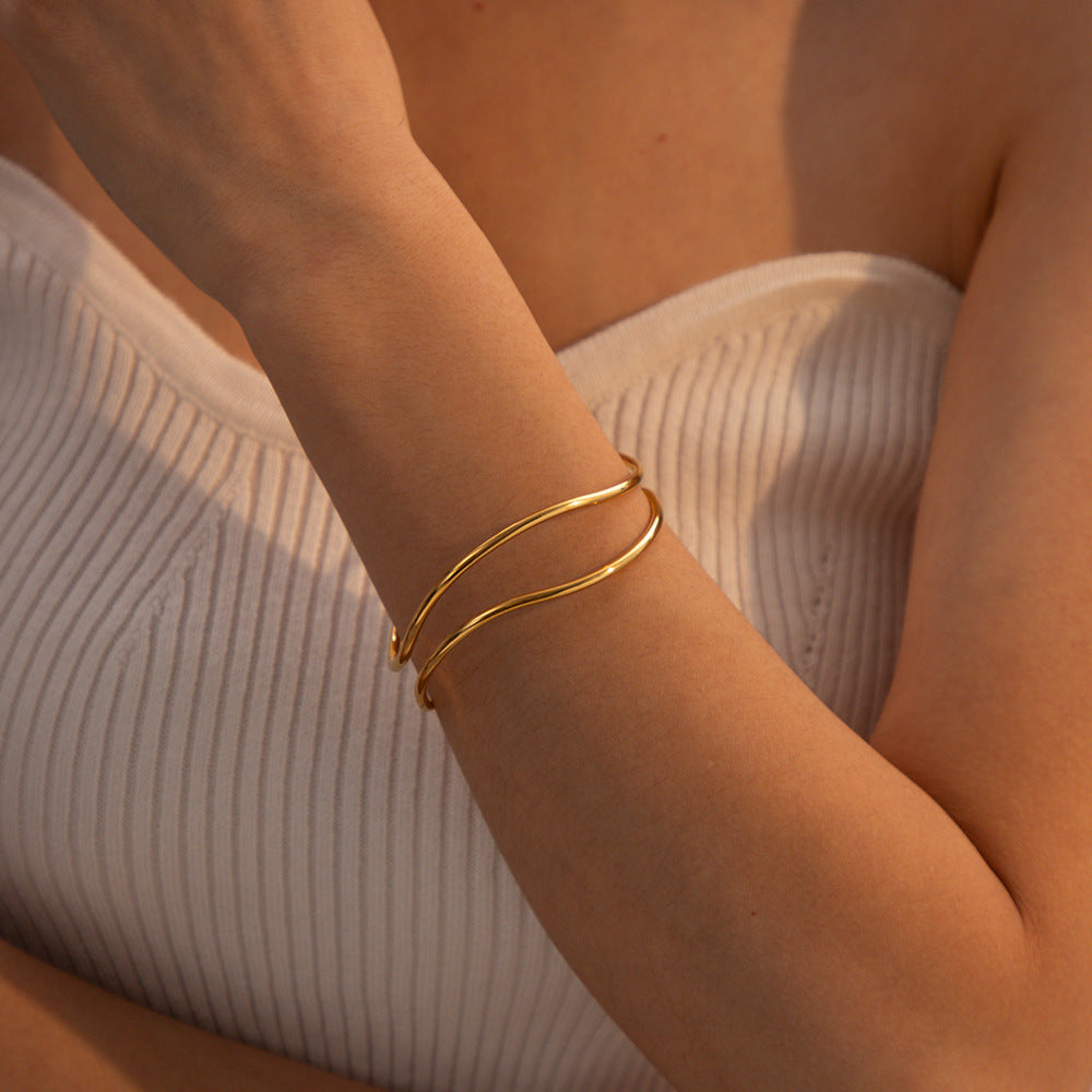 INS Style Geometric Textured Wide Cuff Bracelet for Women Made of Stainless Steel with 18K Gold Plating