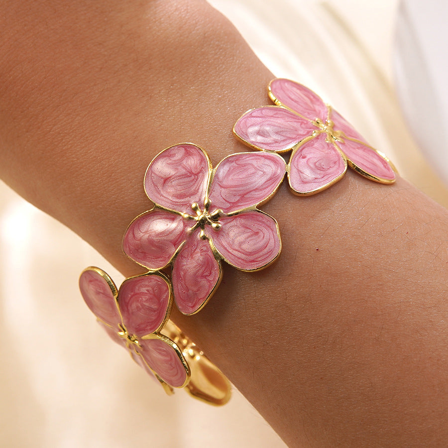 Geometric Floral Drip Oil Stainless Steel Open Cuff Bracelet for Women